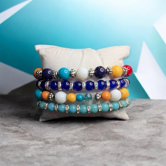 Handmade Jewelry - Colorful Beaded Bracelet Stack Set | Turquoise & Lapis Inspired Stretch Bracelet